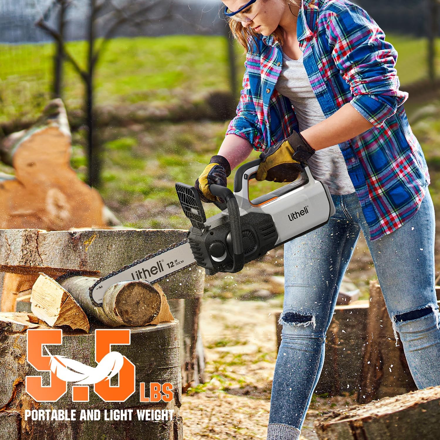 Litheli 12' Brushless Electric Battery Chainsaw, Chain Saw with 2 x 20V MAX 2.0Ah Battery，Cordless Handheld Battery Powered Chainsaw Auto-Lubrication for Wood Cutting Trimming Courtyard