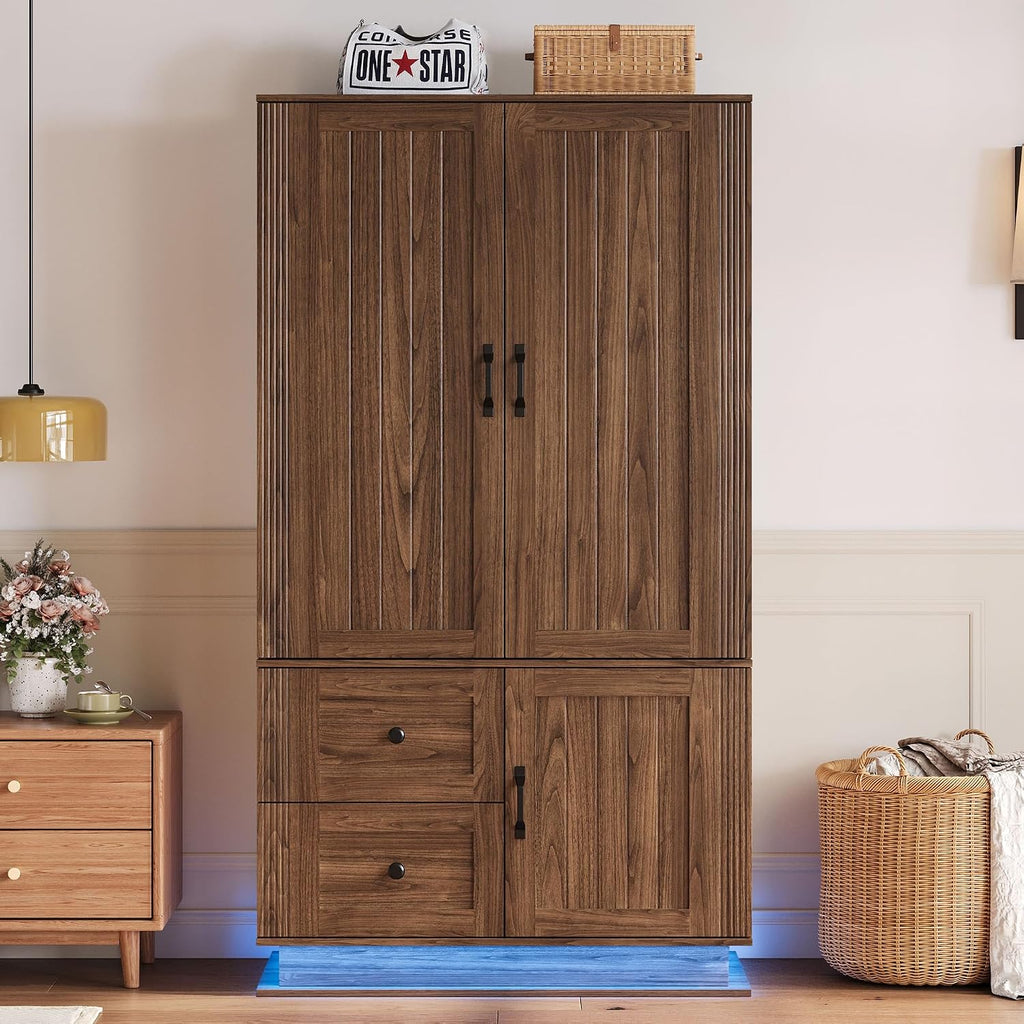 LIKIMIO Farmhouse Wardrobe Closet with Doors, 70' Bedroom Armoires with LED Lights and Hanging Rod, Wooden Large Wardrobe Cabinet with 2 Drawers and 1 Cabinet, Walnut