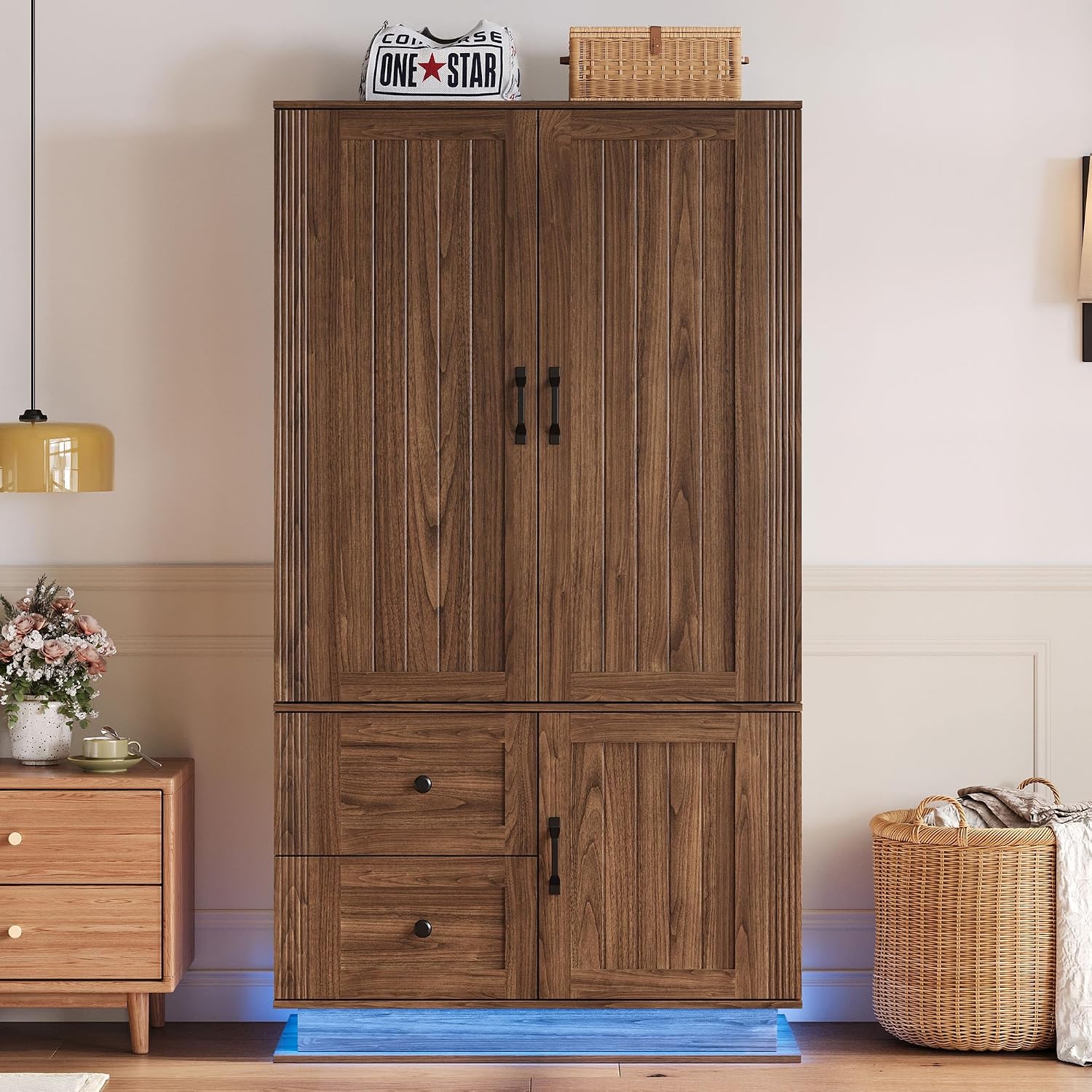 LIKIMIO Farmhouse Wardrobe Closet with Doors, 70' Bedroom Armoires with LED Lights and Hanging Rod, Wooden Large Wardrobe Cabinet with 2 Drawers and 1 Cabinet, Walnut