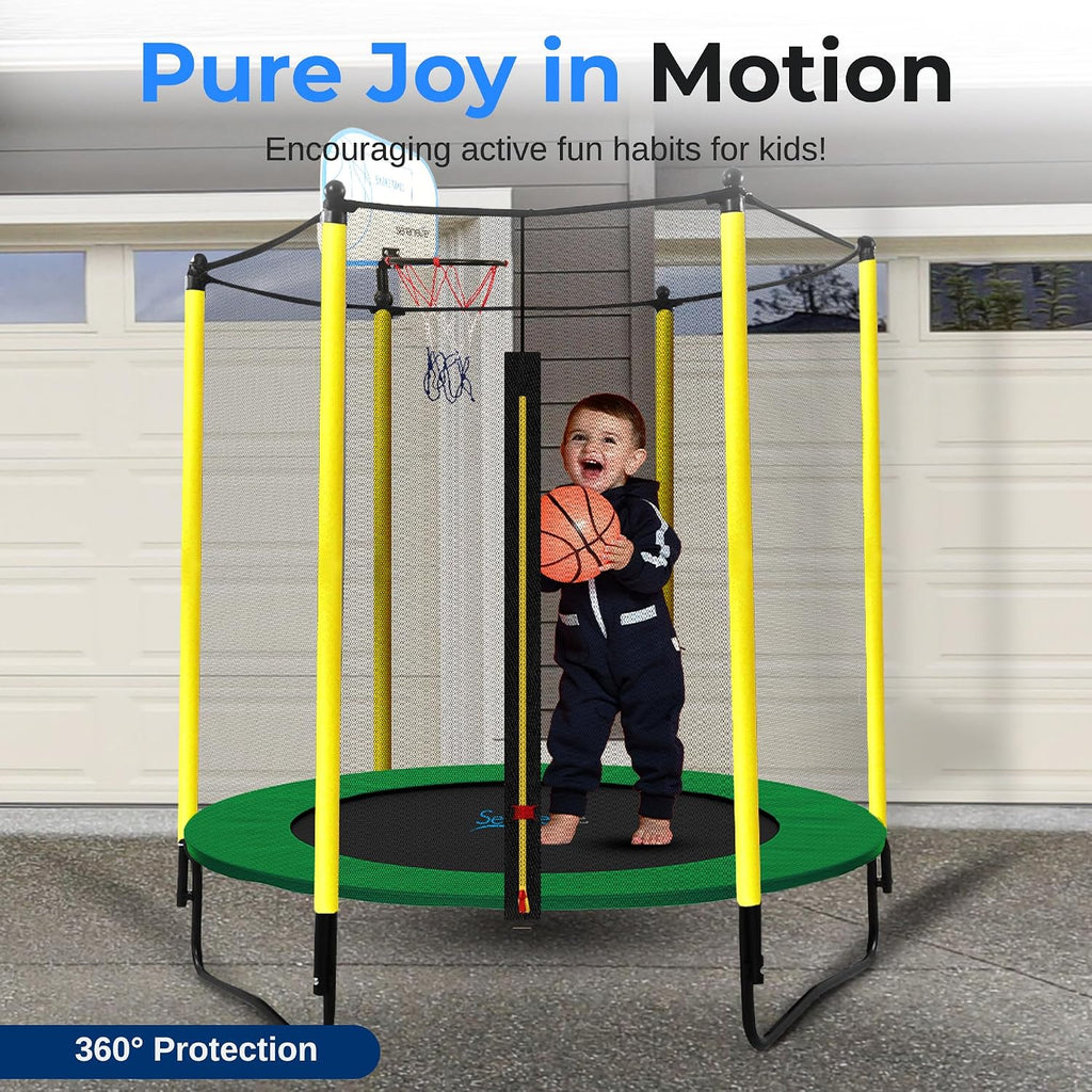SereneLife 5FT Outdoor & Indoor Trampoline for Kids – Durable Mini Toddler Trampoline with Net Enclosure & Basketball Hoop - Supports 176 lbs, 60'x76'