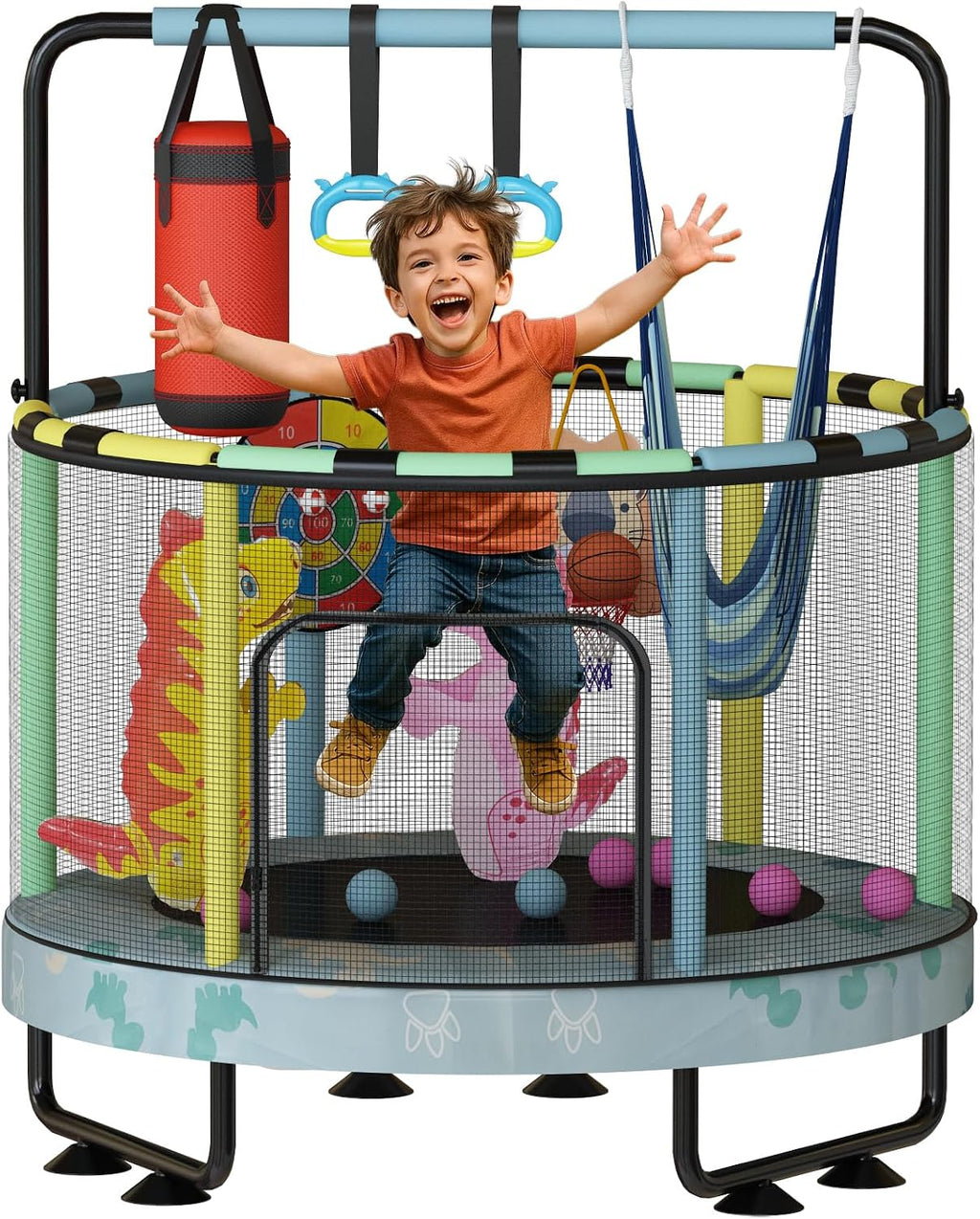 LAMERGE 55' 7-in-1 Round Trampoline for Kids Boys & Girls Ages 1-8, Indoor & Outdoor Trampoline for Fun, Adjustable Height Handrail ＆ Enclosed Safety Net ＆ Durable Designs for Toddlers Children