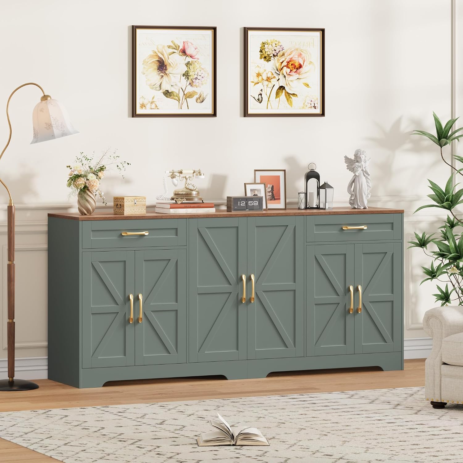 BOTLOG 71' Large Sideboard Buffet Cabinet with Storage, Farmhouse Kitchen Buffet Cabinet with Adjustable Shelves and 6 Barn Doors, Wood Coffee Wine Bar Console Table for Kitchen, Dining Room, Green