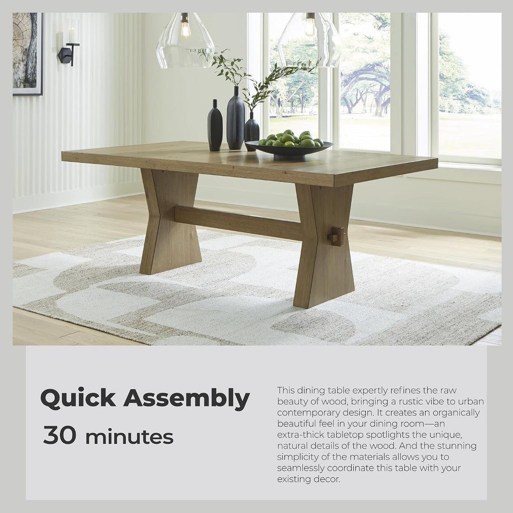 Signature Design by Ashley Galliden Farmhouse Dining Table with Extra-Thick Tabletop and Trestle Base, Light Brown