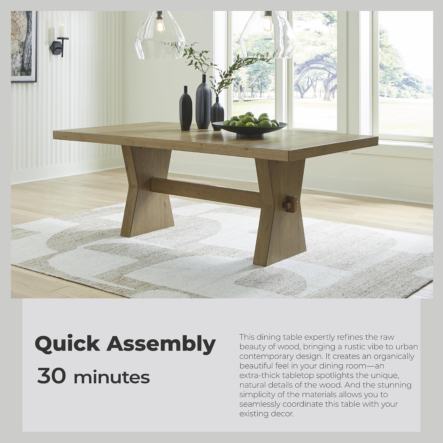 Signature Design by Ashley Galliden Farmhouse Dining Table with Extra-Thick Tabletop and Trestle Base, Light Brown