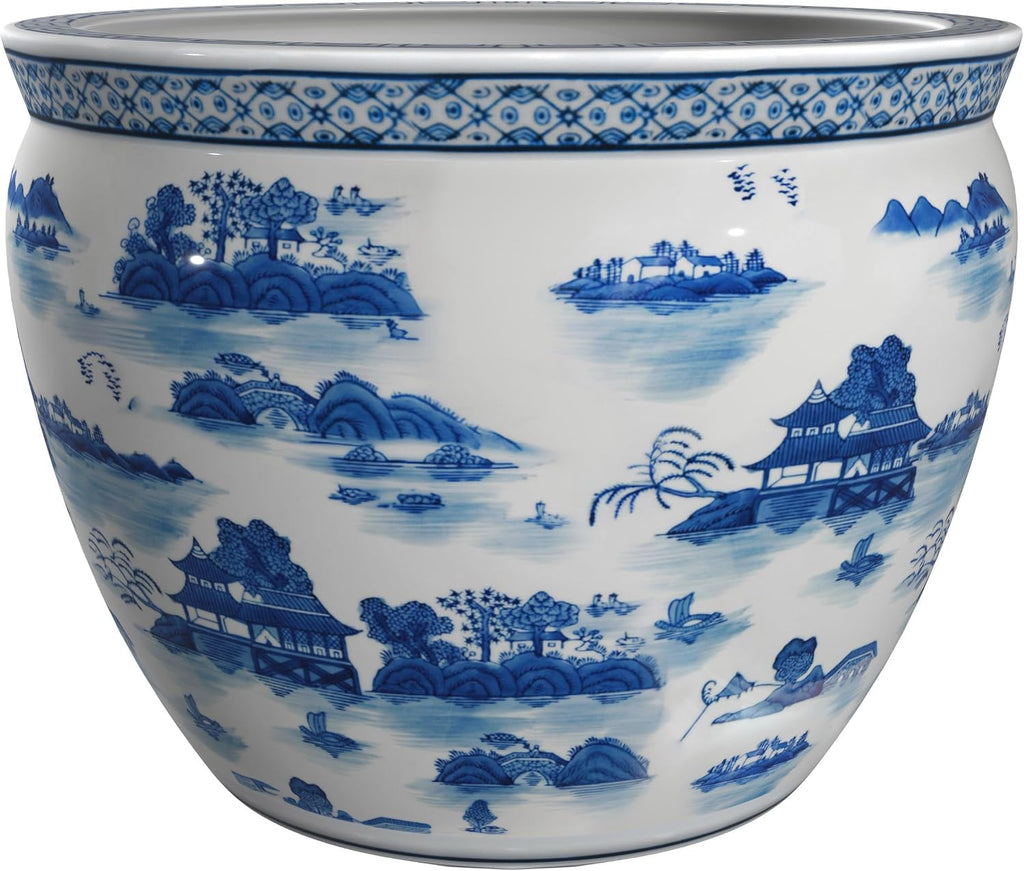 Red Lantern 16' Landscape Blue & White Porcelain Fishbowl Planter or Cachepot for Indoor/Outdoor Use in Garden Entryway Living Room Boho Eclectic Modern Contemporary Classic Traditional Style Decor