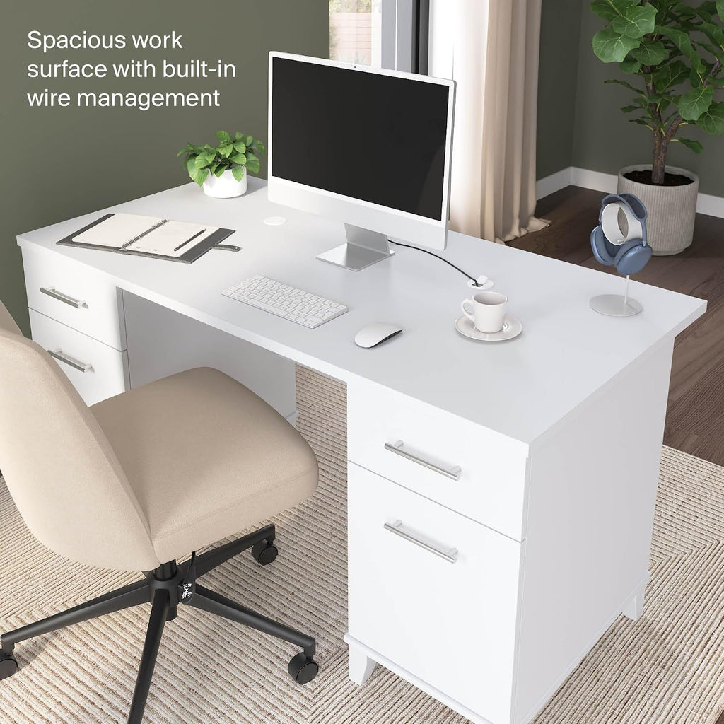 Bush Home 60-Inch Office Desk with Drawers, Computer Desk with File and Box Drawers, Home Office Workstation with Storage Cabinet, Writing Desk Furniture, Somerset Collection, White