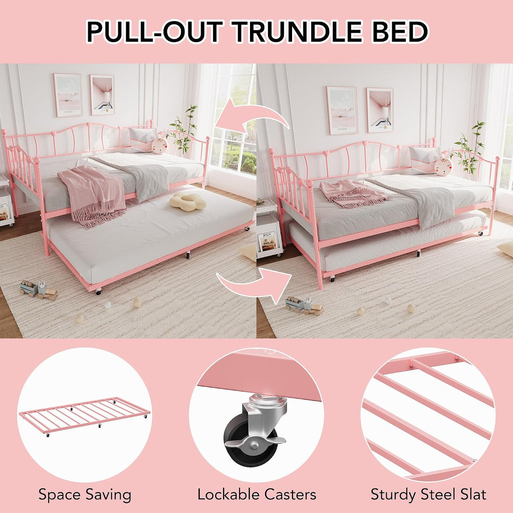 GarveeHome Twin Daybed with Trundle, Metal Sofa Bed Frame with Steel Slat Support, for Living Room, Bedroom, Love Heart Design, No Box Spring Needed, Pink