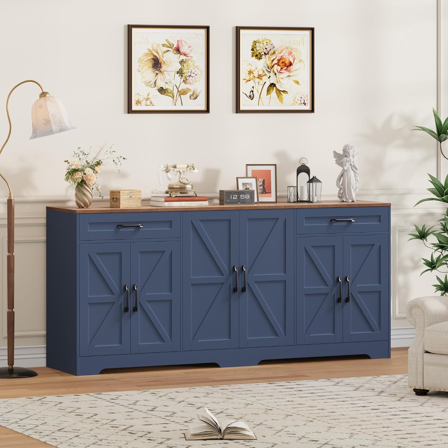 71' Large Sideboard Buffet Cabinet with Storage, Farmhouse Kitchen Buffet Cabinet with Adjustable Shelves and 6 Barn Doors, Wood Coffee Wine Bar Console Table for Kitchen, Dining Room, Navy Blue