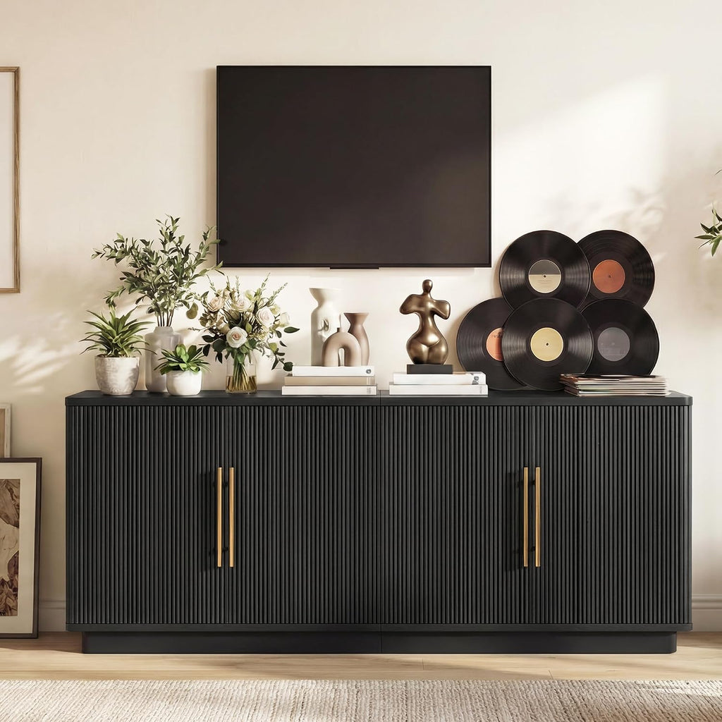 YITAHOME TV Stand for TVs up to 80 Inches, Media Console with 4 Fluted Doors, 70' Entertainment Center with Ample Storage for Living Room(Black Oak)