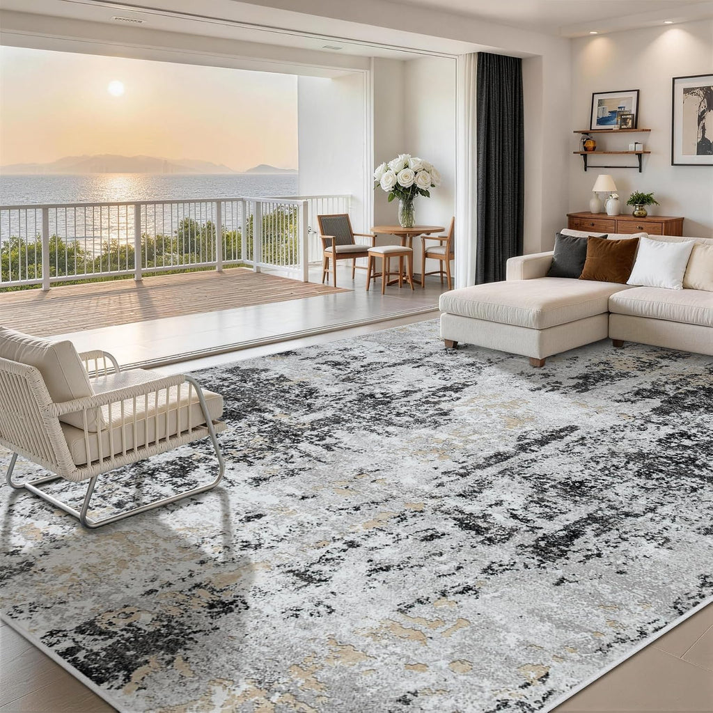 10x14 Area Rugs for Living Room Rug Washable: Abstract Large Rug Indoor Modern Carpet Non Slip for Dining Room Bedroom Nursery Home Office Black Grey Gold