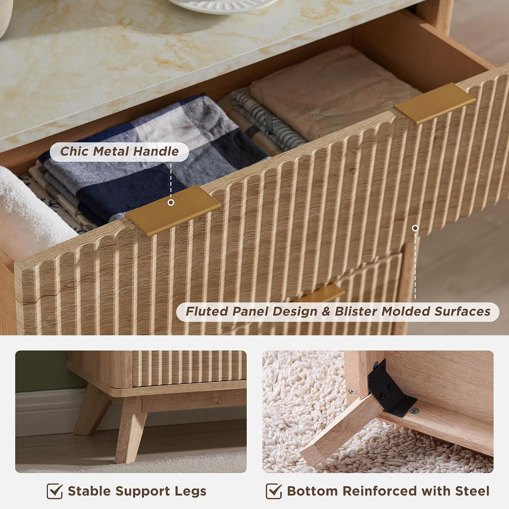 T4TREAM Fluted 6 Drawers Dresser, 54' Wide Modern Chest of Drawers with Faux Marble Top, Curved Profile Design, Dresser TV Stand, Wood Drawer Organizer for Bedroom, Living Room, Hallway, Natural Oak