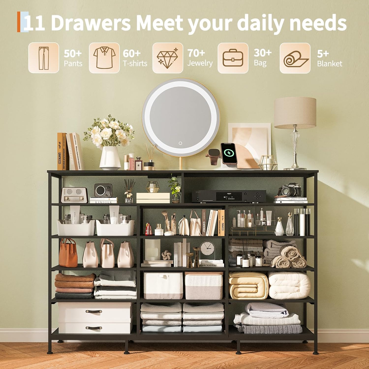 Dresser for Bedroom with LED Lights & Charging Station, 11 Drawer Dressers & Chests of Drawers, Steel Frame, Wood Top, 55 ' Fabric Dresser TV Stand for Bedroom,Hallway, Storage Organization, Entryway