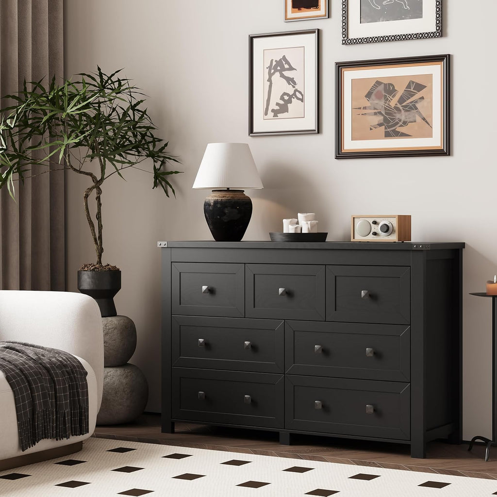 7 Drawer Dresser for Bedroom, Farmhouse Wood Chest of Drawers, Wide TV Stand Closet Storage Furniture with Metal Handle, Modern Wooden Clothes Organizer for Hallway, Living Room, Entryway, Black