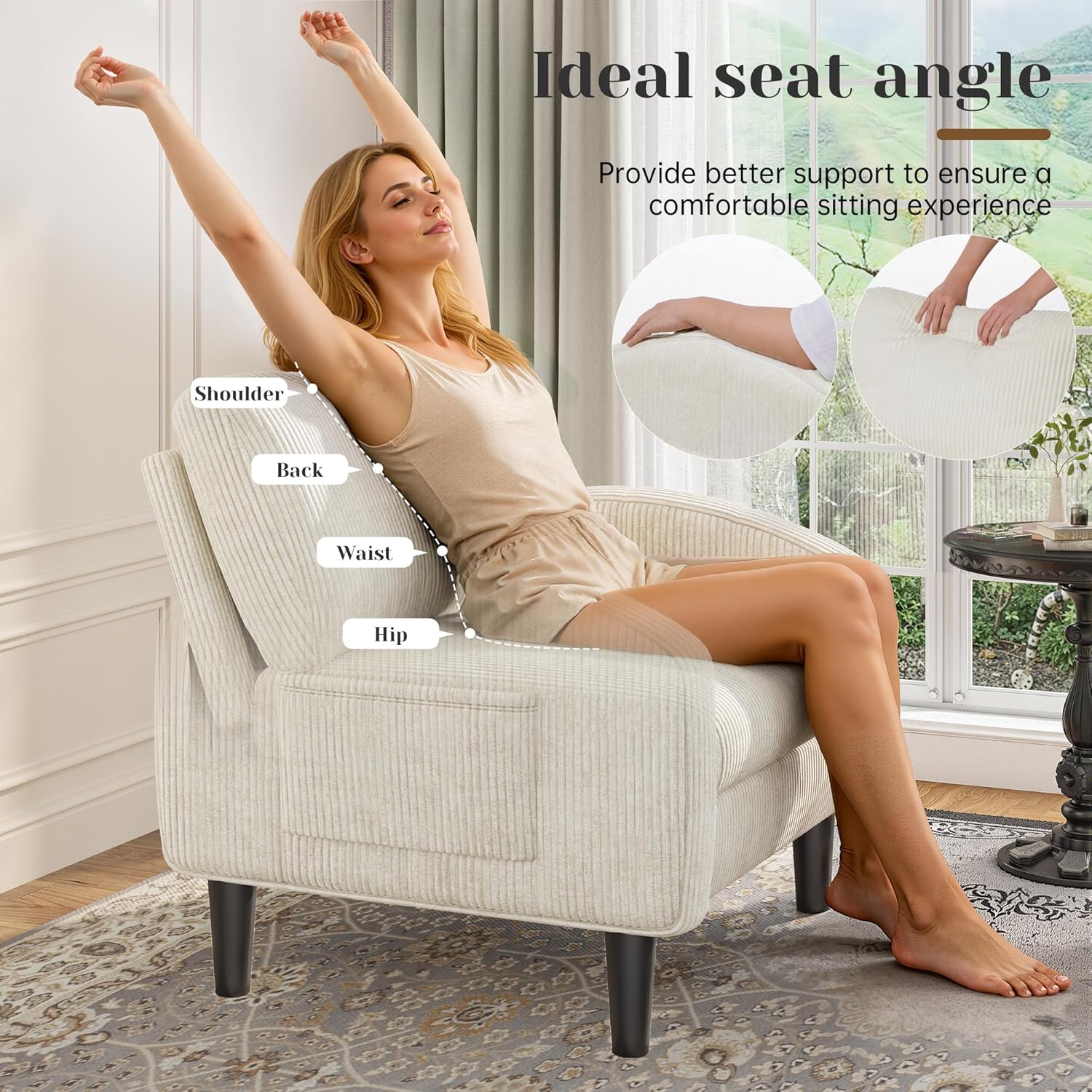 Homkdom Accent Chair for Living Room,Mid Century Modern Reading Chair with 2 Side Pockets,Upholstered Armchair for Apartment,Small Room,Beige