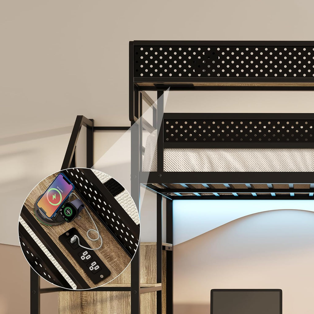 Full Size Metal Loft Bed with Storage Stairs, Wardrobe & Charging Station | Storage Shelve,Convertible Staircase,LED Lights, Solid Wood Stairs, Safety Guardrail, Noise-Free, No Box Spring Needed