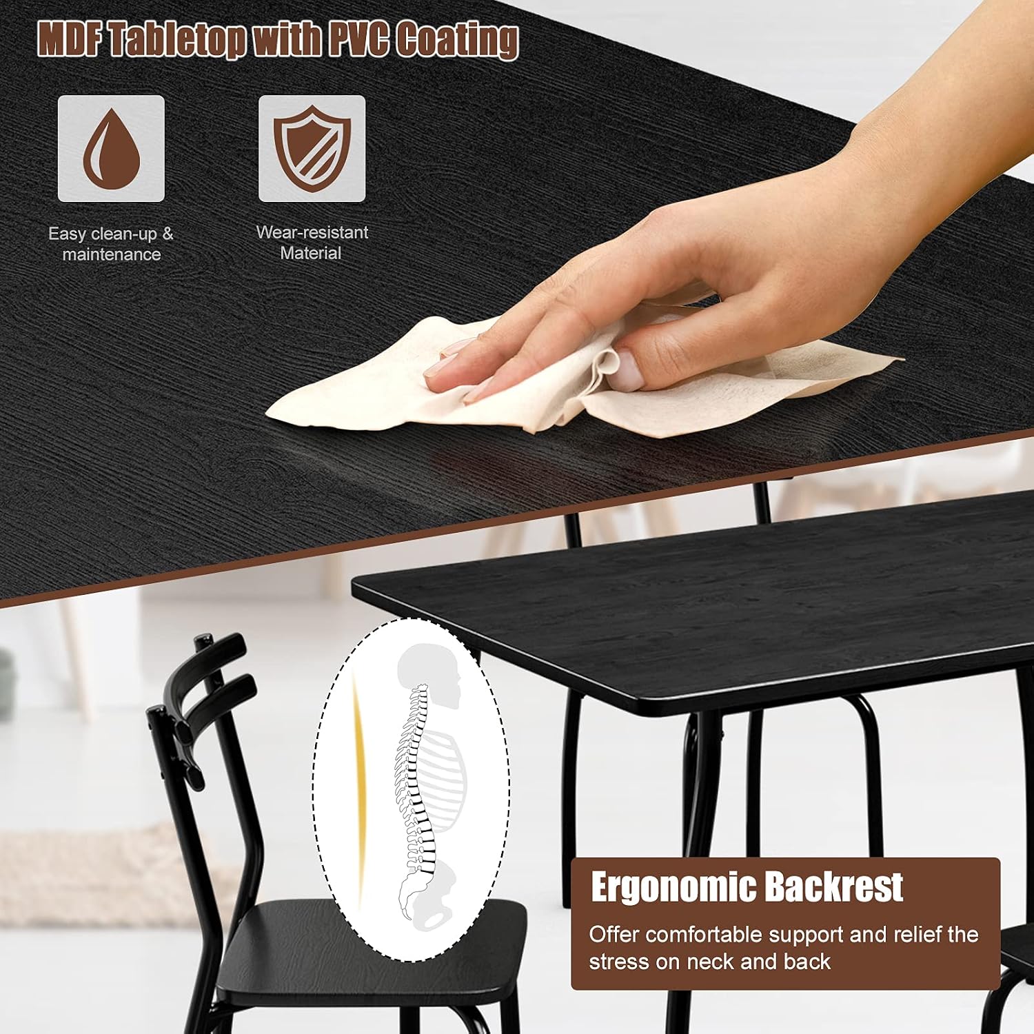 COSTWAY 5-Piece Dining Set Table and 4 Chairs Home Kitchen Room Breakfast Furniture Black