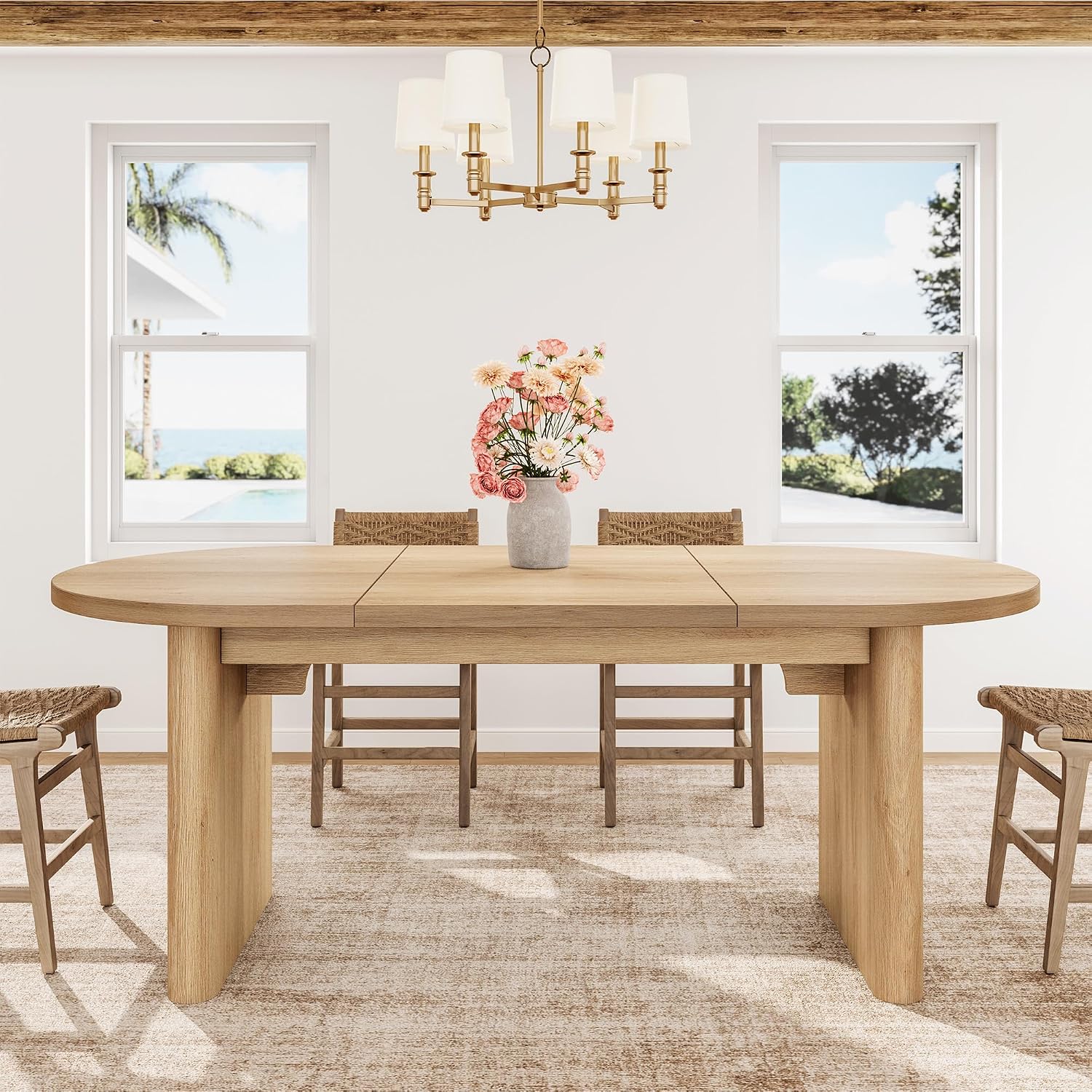 GarveeHome Oval Dining Table for 6-8 People, Long Large Kitchen Table with Thick Sturdy Wooden Base, Farmhouse Dining Room Table for for Kitchen, Living Room, Office (70.87' Long,Natural)