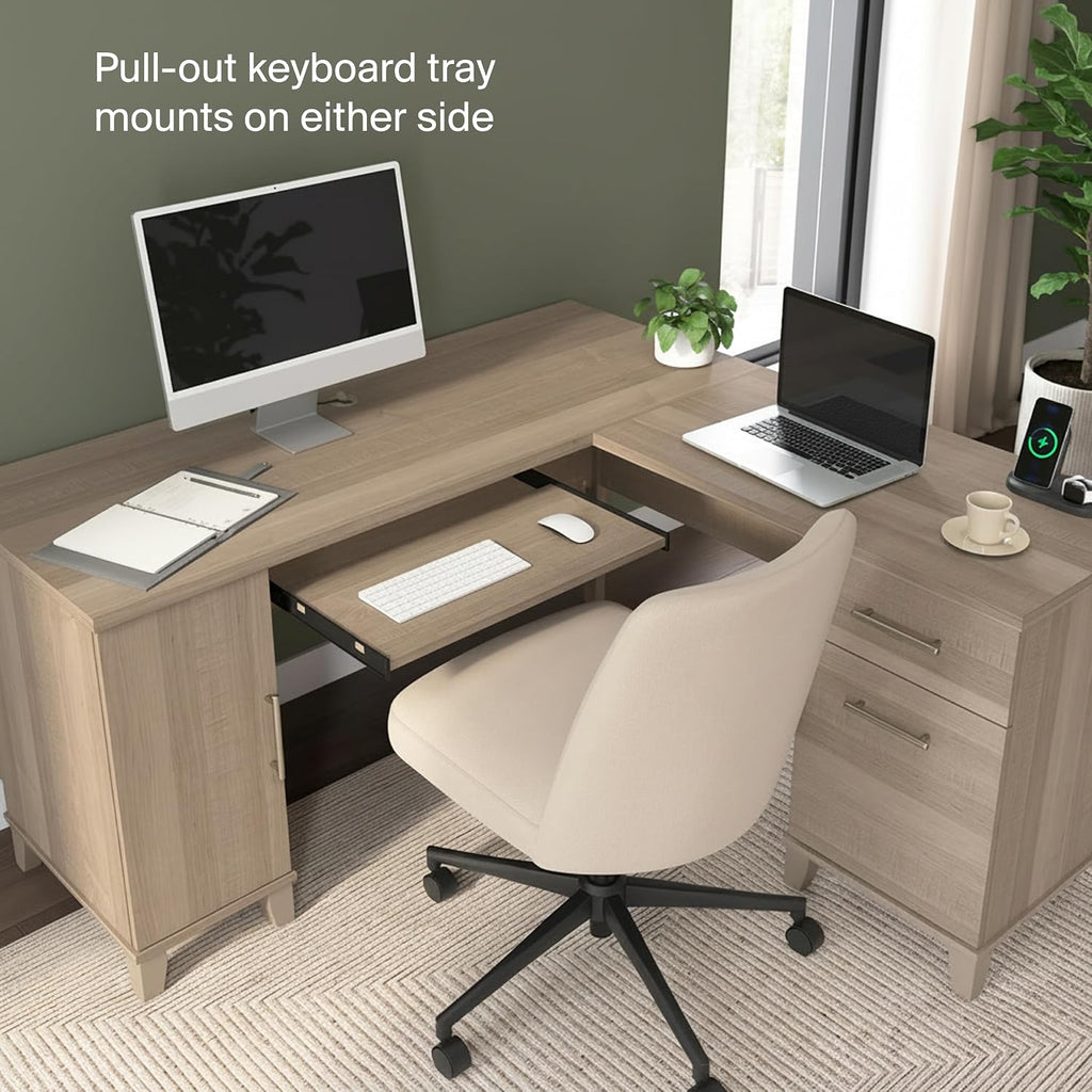 Bush Home 60-Inch L-Shaped Desk with Storage, Corner Computer Office Desk with Drawers and Storage Cabinet, Home Office Furniture, Somerset Collection, Ash Gray