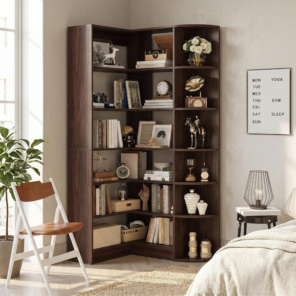 Cyclysio 71' Tall Corner Shelf, 7-Tier L-Shaped Corner Bookshelf with Raised Edges, Large Freestanding Storage Rack for Kitchen, Pantry, Dining Room, Living Room, Home Office, Black Walnut
