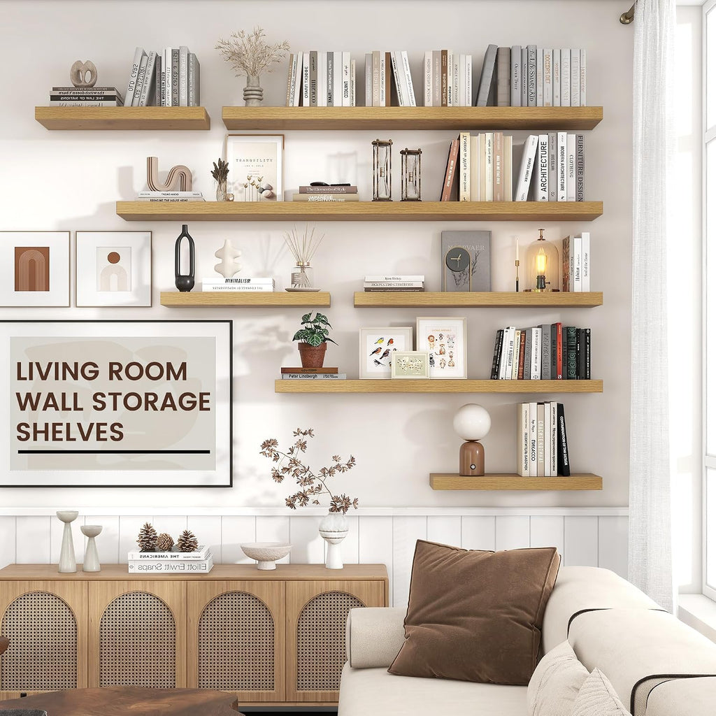 Venusmiles Floating Shelves for Wall, Engineered Wood Wall Shelves with Invisible Brackets for Living Room Bedroom Bathroom Office Kitchen Decor and Storage (Oak, 72' W x 9' D x 1.5' H) Set of 1