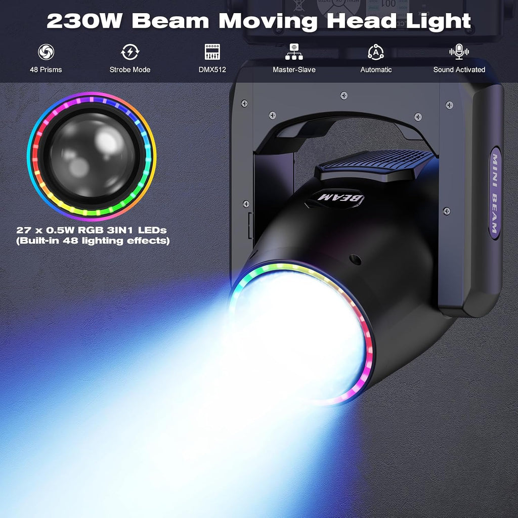 230W 7R Moving Head Stage Lights,48-Facet Prism 14Gobos 14 Colors,27 * 0.5W LED Wash/Beam/Frost/Rainbow, 18CH DMX512 Sound Activated (6-Pack)