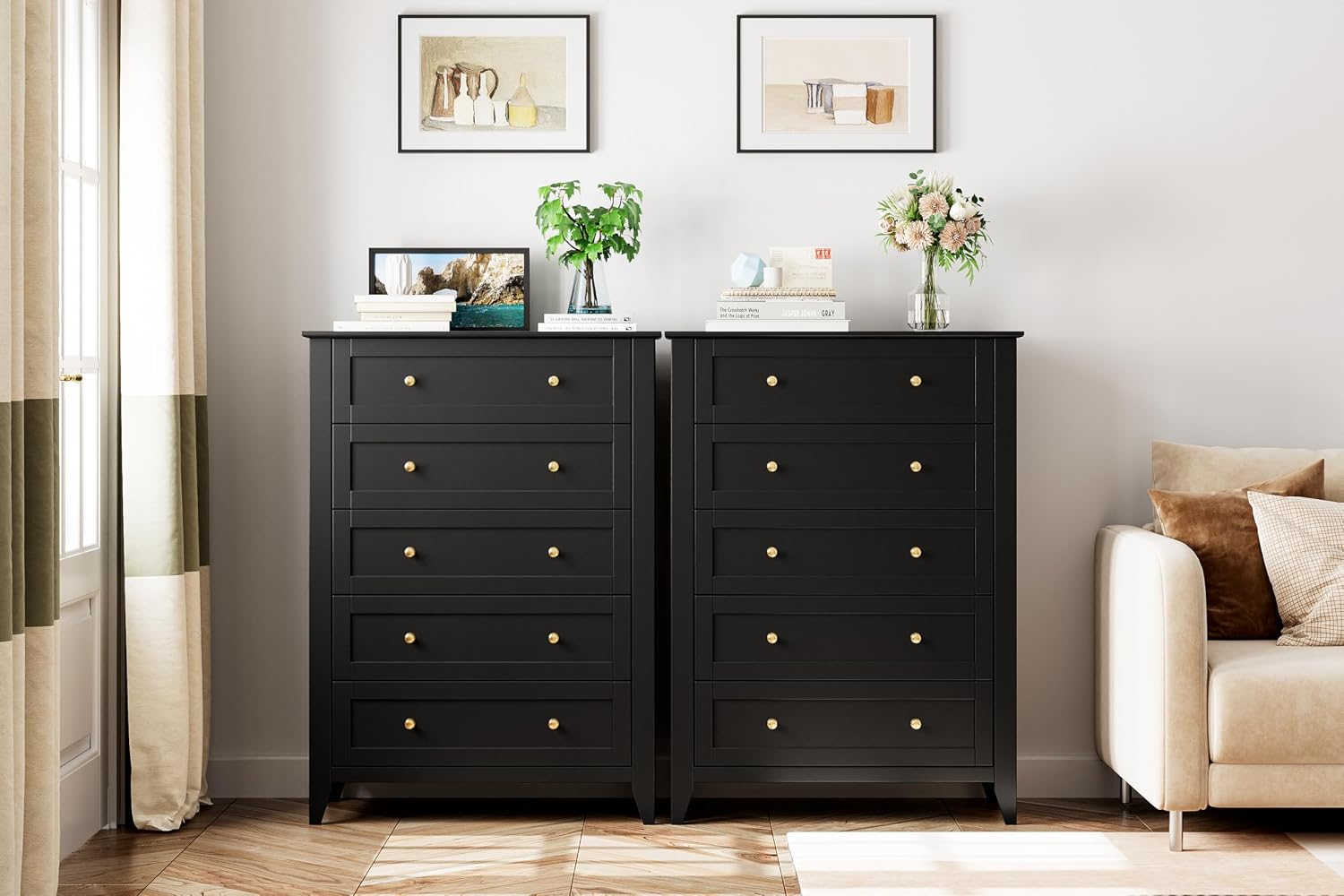 IDEALHOUSE Black 5 Drawer Dresser for Bedroom, Tall Dresser with Deep Drawers & Metal Knobs, Modern Wooden Chests of Drawers for Entryway, Hallway
