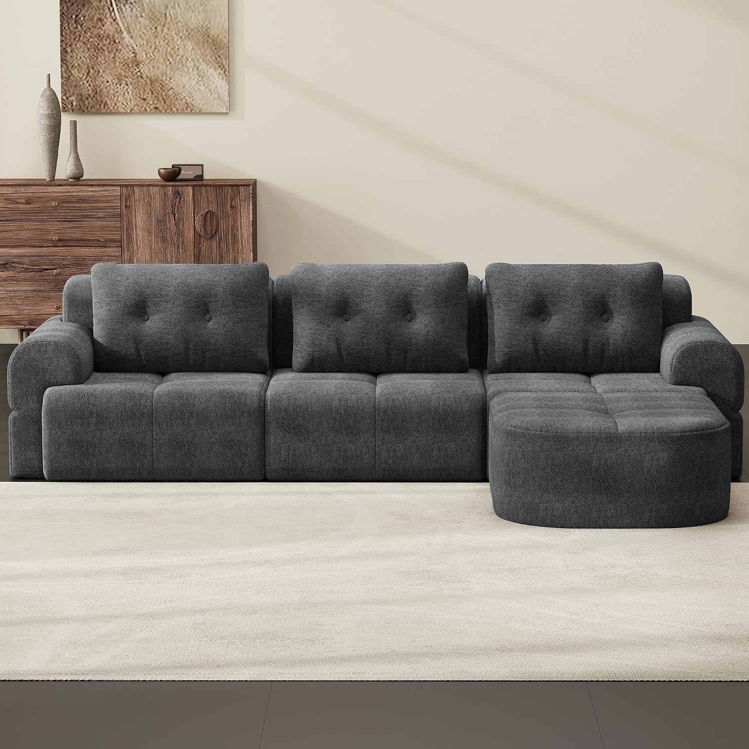 112' Compressed Boneless Sectional Sofa with Movable Ottoman Convertible L Shaped Modular Corner Couch for Living Room - Oversized Cloud Couches W/Tufted Cushions and Deep Seat