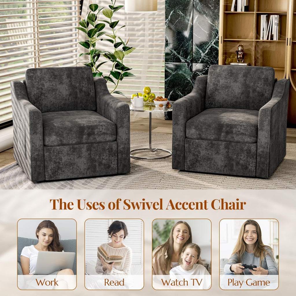 360° Swivel Accent Chair, Large Comfy Reading Chair, Square Single-Seat Armchair Upholstered Sofa for Reading, Nursery, Living Room, Bedroom, Lounge, Hotel, Black