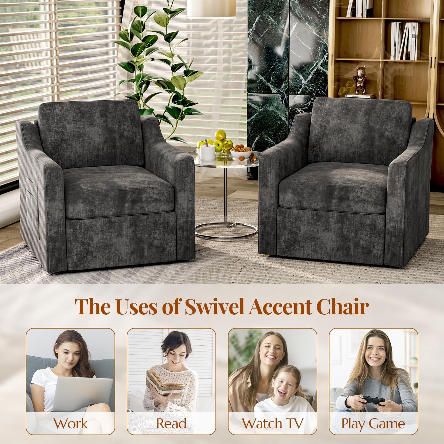 360° Swivel Accent Chair, Large Comfy Reading Chair, Square Single-Seat Armchair Upholstered Sofa for Reading, Nursery, Living Room, Bedroom, Lounge, Hotel, Black