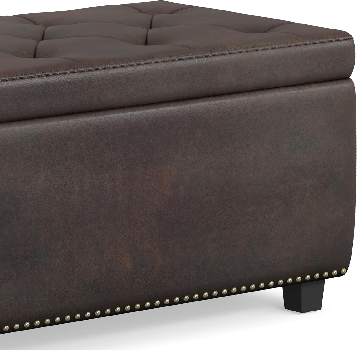SIMPLIHOME Hamilton Storage Ottoman - 48 inch Wide Upholstered Vegan Leather Rectangle Storage Ottoman Bench in Distressed Brown, Traditional Tufted Ottoman for Living Room with Lift-Up Lid