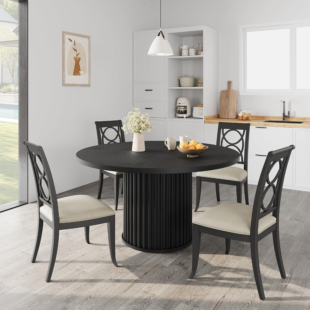 GarveeHome 47Inch Round Dining Table for 4-6 People, Black Dining Room Table with Sturdy Waveform Metal Pedestal Base, Industrial Circle Kitchen Table for Dining Room, Kitchen