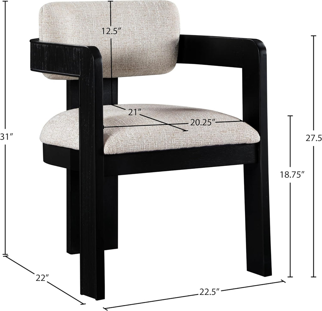 Meridian Furniture Sacha Collection Art Deco Dining Chair, Solid Fluted Wood, 22.5' W x 22' D x 31' H, Set of 2 (Beige, Black Finish, Linen Textured Fabric)