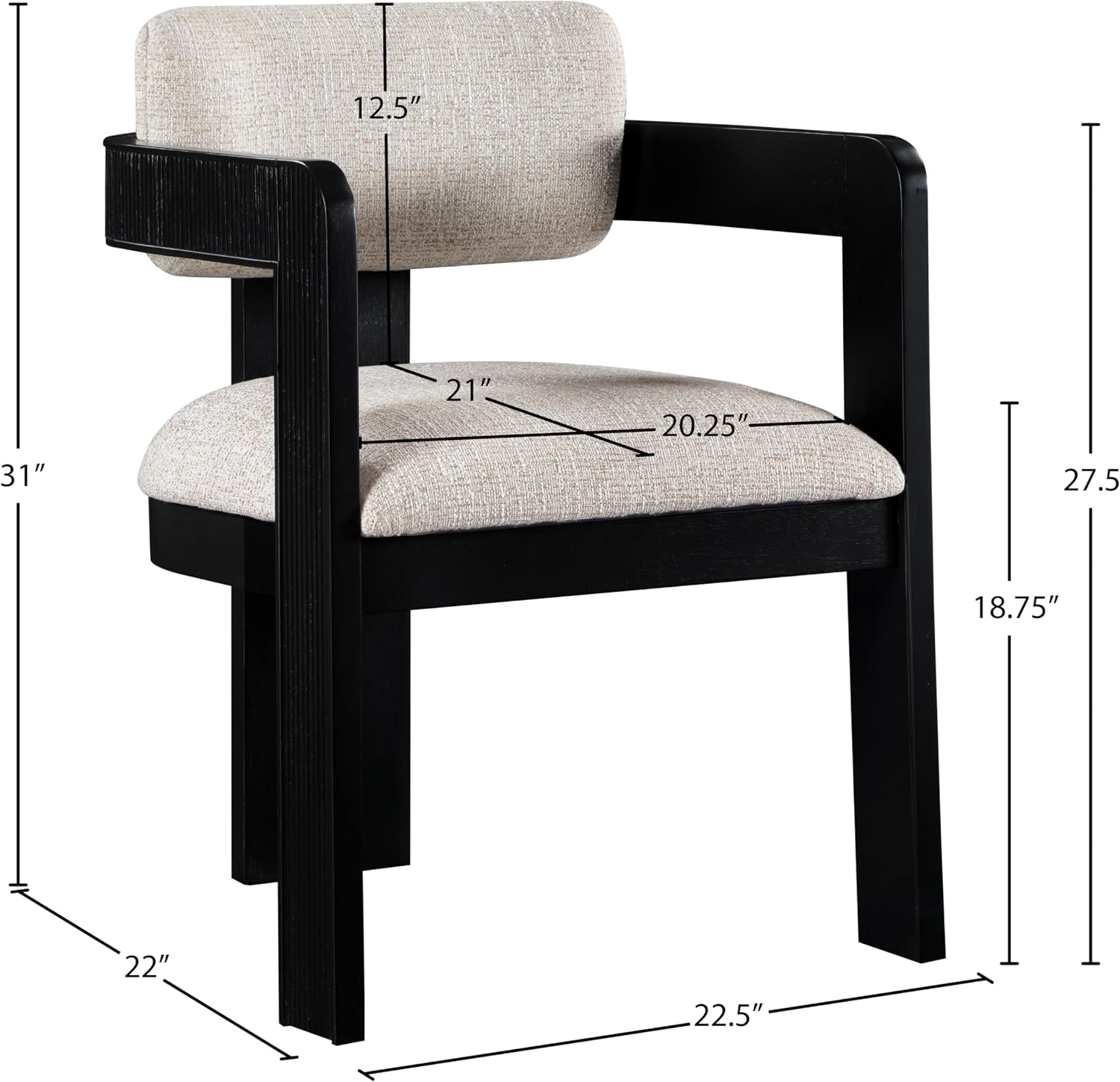 Meridian Furniture Sacha Collection Art Deco Dining Chair, Solid Fluted Wood, 22.5' W x 22' D x 31' H, Set of 2 (Beige, Black Finish, Linen Textured Fabric)