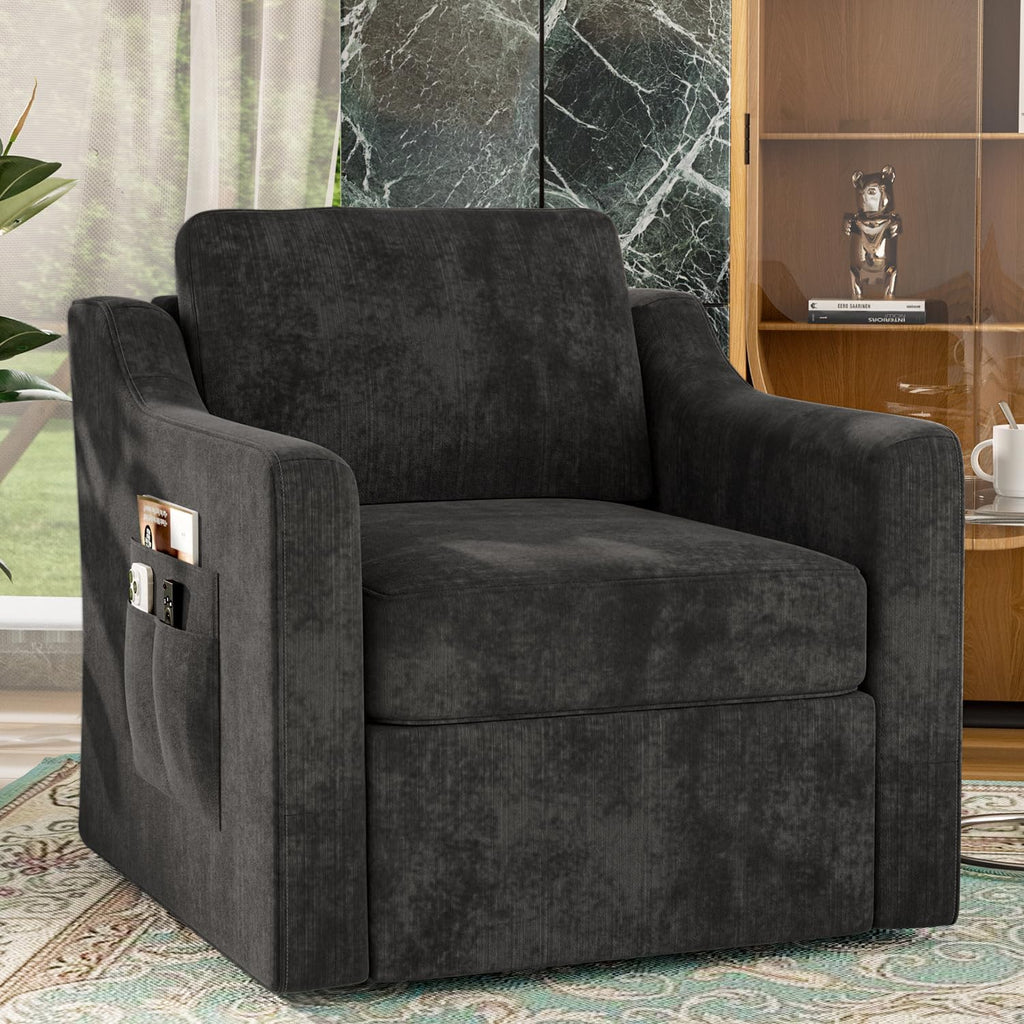 360° Swivel Accent Chair, Large Comfy Reading Chair, Square Single-Seat Armchair Upholstered Sofa for Reading, Nursery, Living Room, Bedroom, Lounge, Hotel, Black