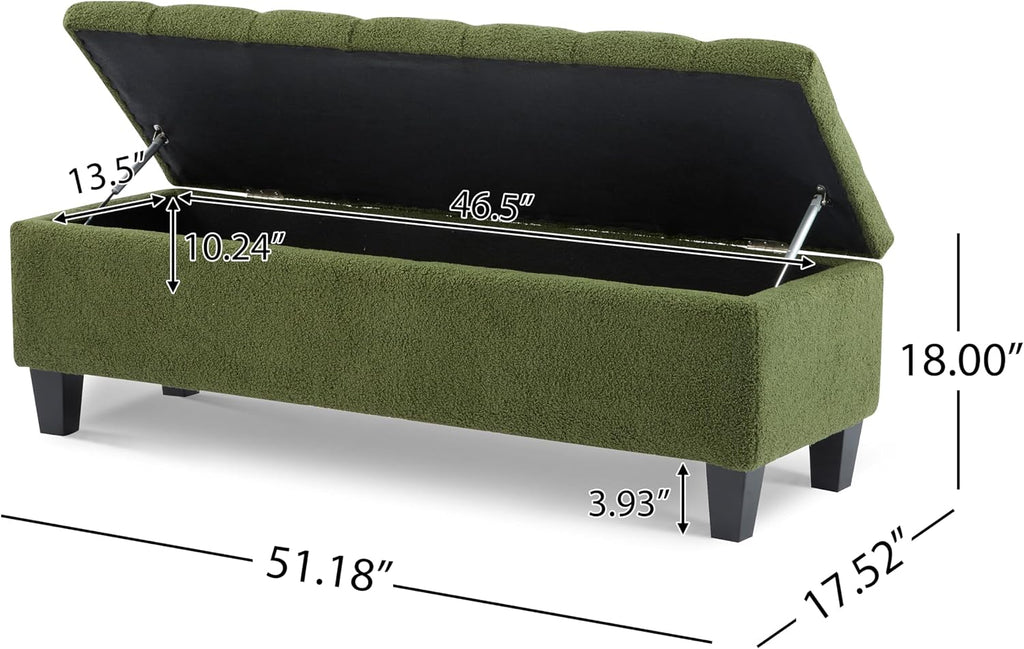 Christopher Knight Home Ottilie Boucle Fabric Storage Ottoman Bench, Wooden Rectangular Ottoman with Storage, Bedroom End of Bed Foot Stool, Entryway Ottoman Footrest, Living Room Extra Seat, Green