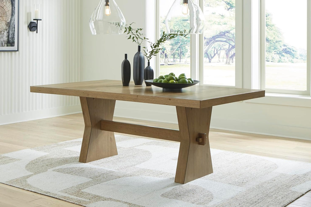 Signature Design by Ashley Galliden Farmhouse Dining Table with Extra-Thick Tabletop and Trestle Base, Light Brown