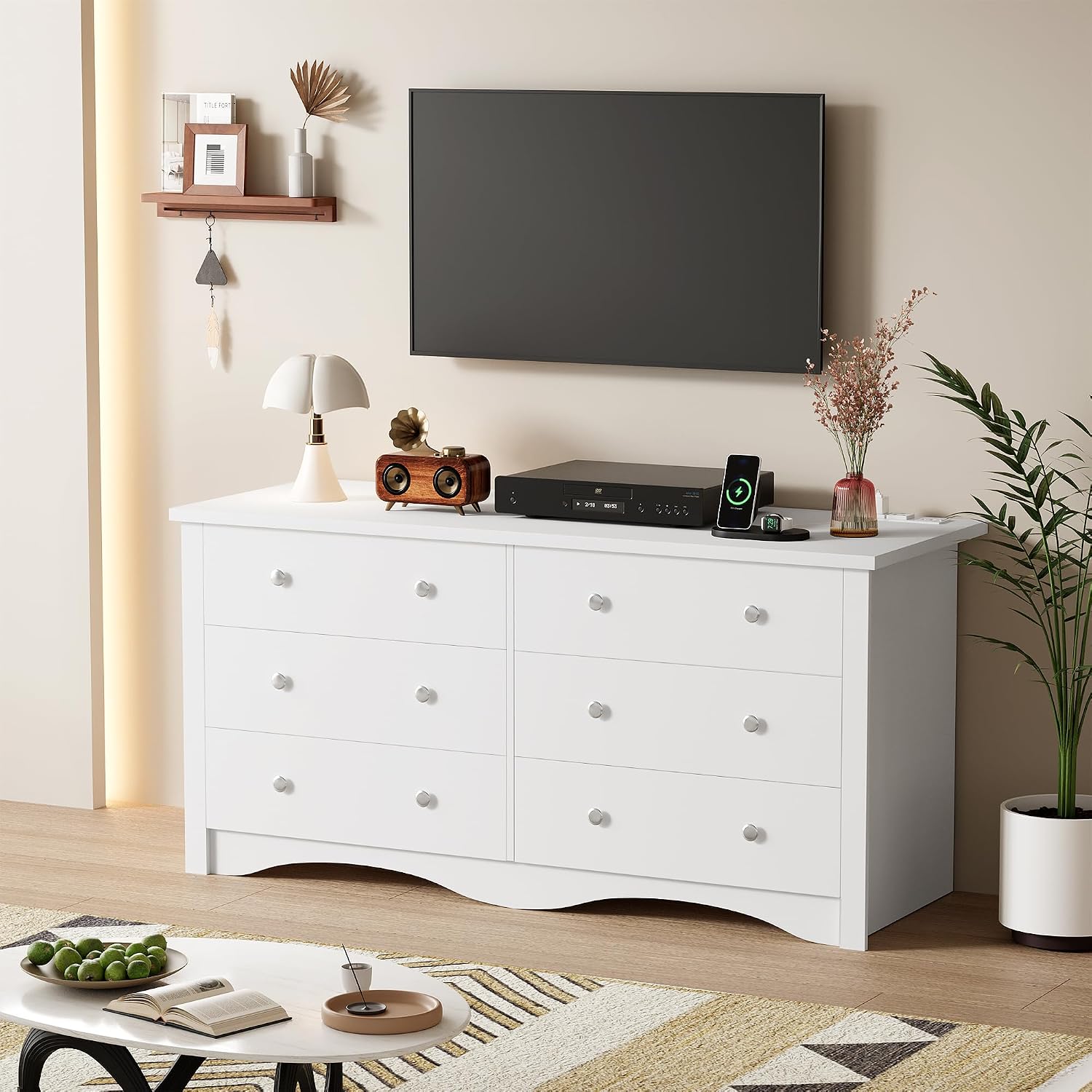 YESHOMY Dresser for Bedroom with Power Outlet,6 Drawers Dresser, Modern Chest of Drawers, Wooden Dressers, TV Stand for Living Room,Closet, Hallway (White)