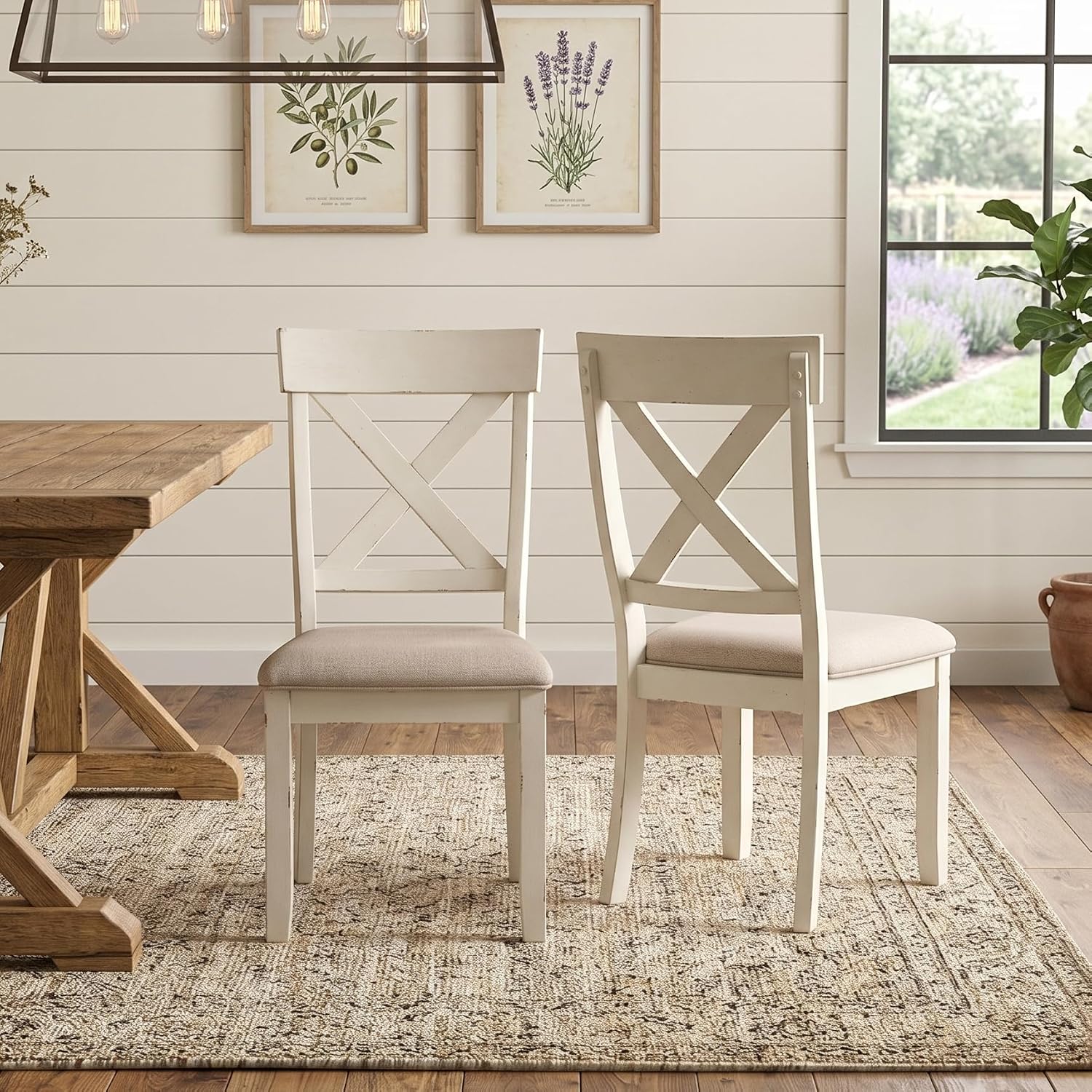 Roundhill Furniture Prato 5-Piece Round Dining Table Set with Cross Back Chairs, Antique White and Distressed Oak