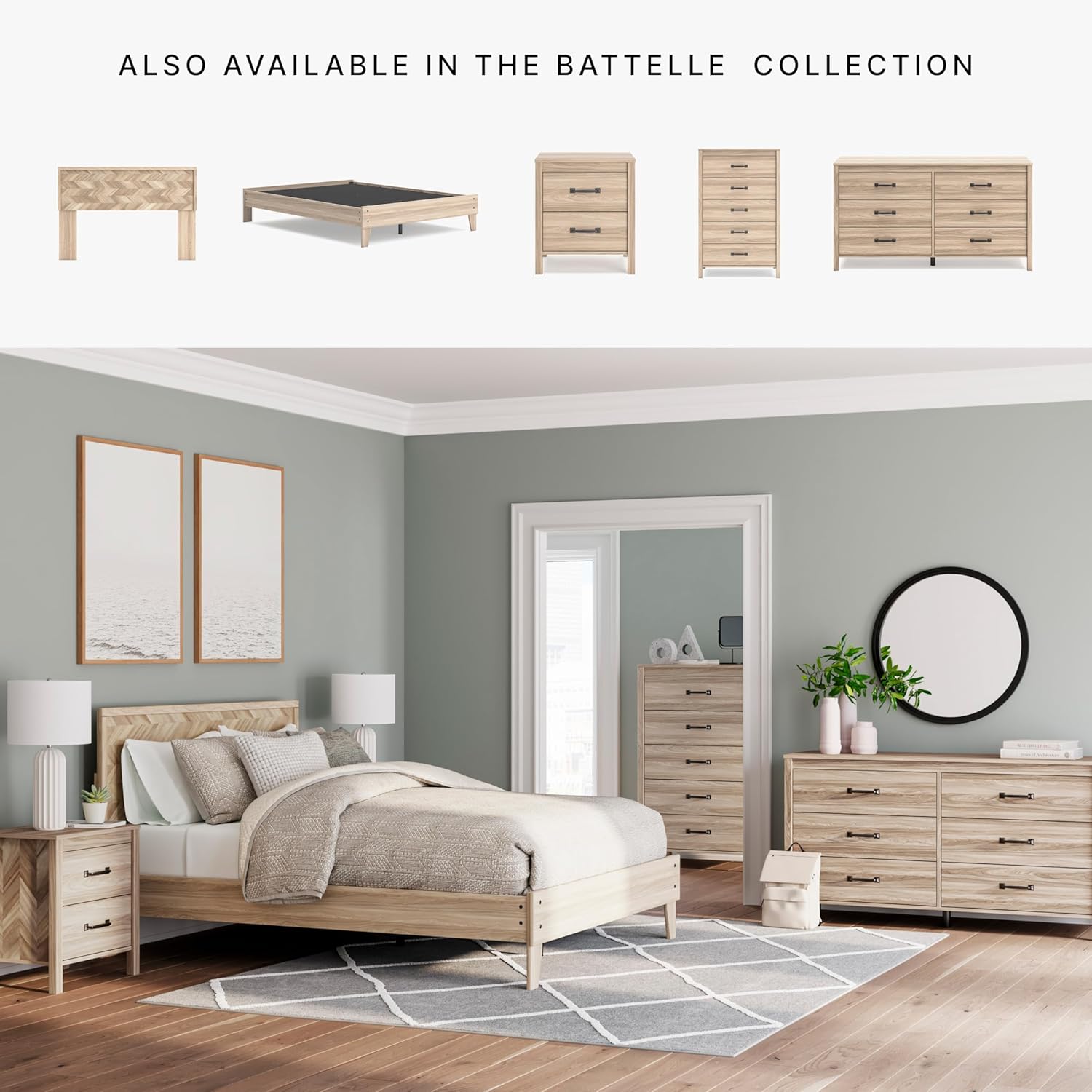Signature Design by Ashley Battelle Mid-Century Modern Dresser with 6 Drawers and Chevron Pattern, Meets ASTM International Standards, Wood and Decorative Laminate, Tan