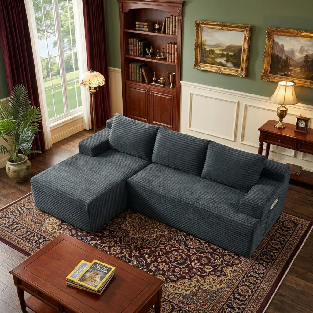 96' Corduroy Sectional Sofa Boneless Couches for Living Room - L Shaped Compressed Cloud Couch with Left Facing Chaise Lounge and Side Pockets