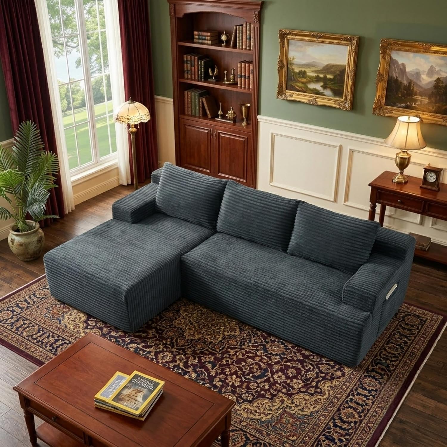 96' Corduroy Sectional Sofa Boneless Couches for Living Room - L Shaped Compressed Cloud Couch with Left Facing Chaise Lounge and Side Pockets