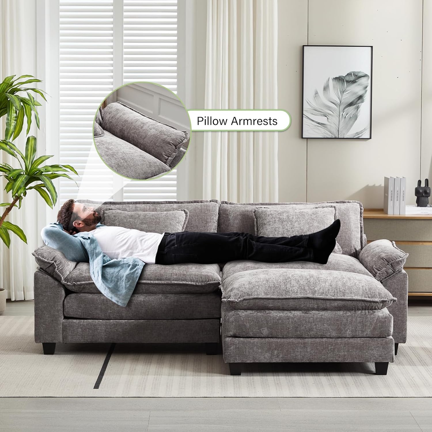 Oprisen 86' Modular Sectional Sofa, Comfy Cloud Couch Sectional Sofa with Ottoman, Chenille Sofa Sleeper Deep Seat Sofa with Throw Pillows for Living Room (Light Gray, 86'- L Shape)