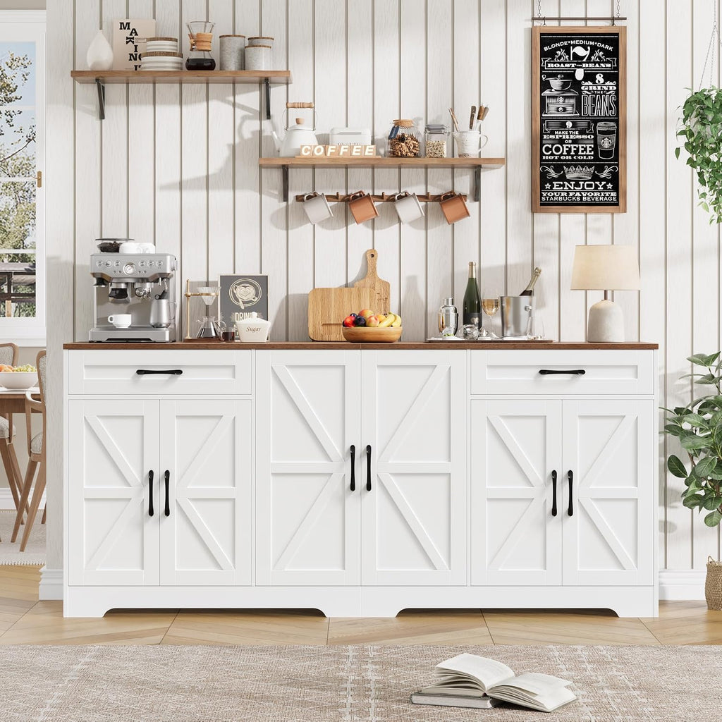 BOTLOG 71' Large Sideboard Buffet Cabinet with Storage, Farmhouse Kitchen Buffet Cabinet with Adjustable Shelves and 6 Barn Doors, Wood Coffee Wine Bar Console Table for Kitchen, Dining Room, White