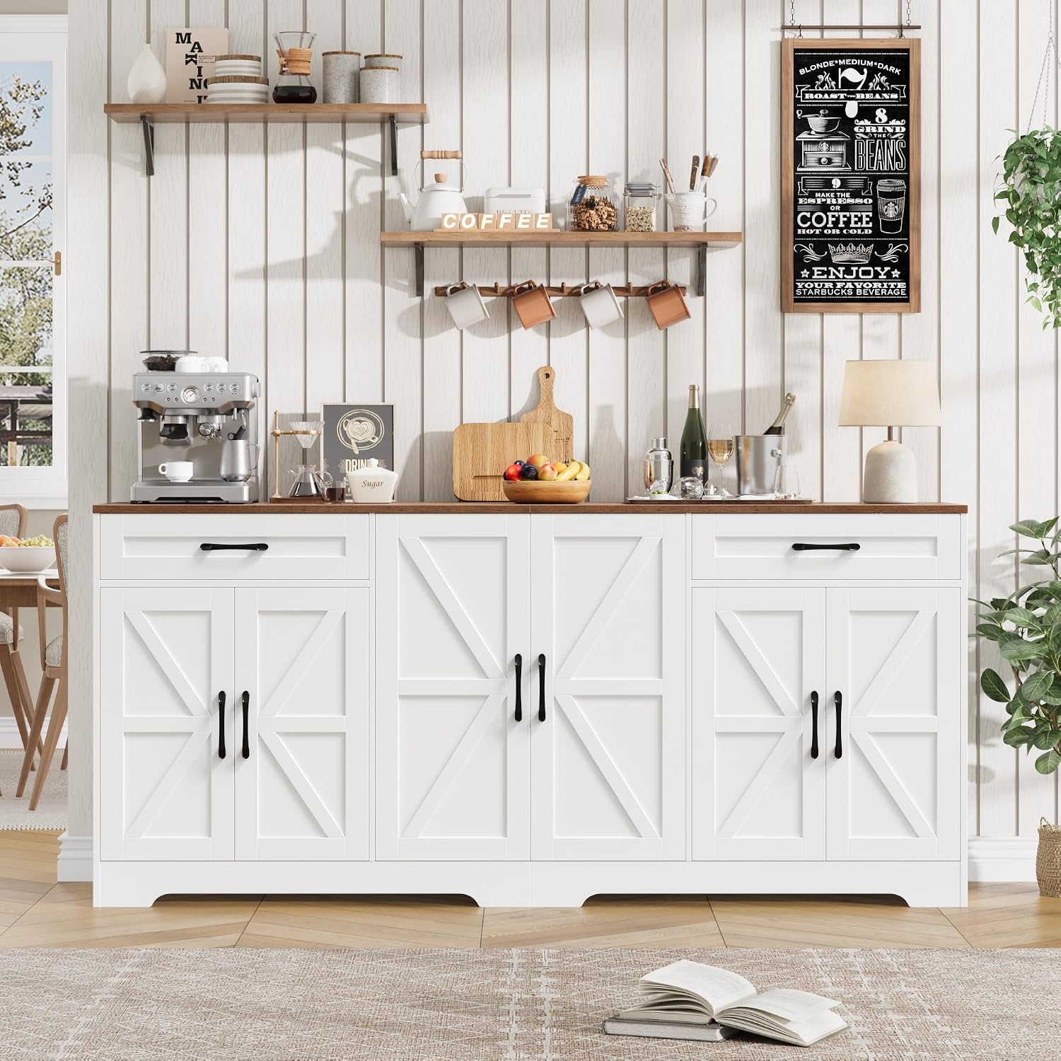 BOTLOG 71' Large Sideboard Buffet Cabinet with Storage, Farmhouse Kitchen Buffet Cabinet with Adjustable Shelves and 6 Barn Doors, Wood Coffee Wine Bar Console Table for Kitchen, Dining Room, White