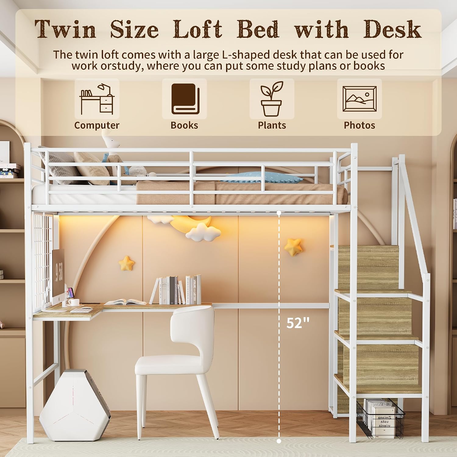 Twin Size Metal Loft Bed with L-Shaped Desk & Storage Wardrobe, Heavy Duty Bed Frame w/Reversible Stairs (Built-in Storage) + USB Port, Space-Saving Noise-Free, No Box Spring Needed