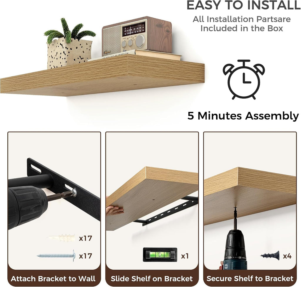 Venusmiles Floating Shelves for Wall, Engineered Wood Wall Shelves with Invisible Brackets for Living Room Bedroom Bathroom Office Kitchen Decor and Storage (Oak, 72' W x 9' D x 1.5' H) Set of 1