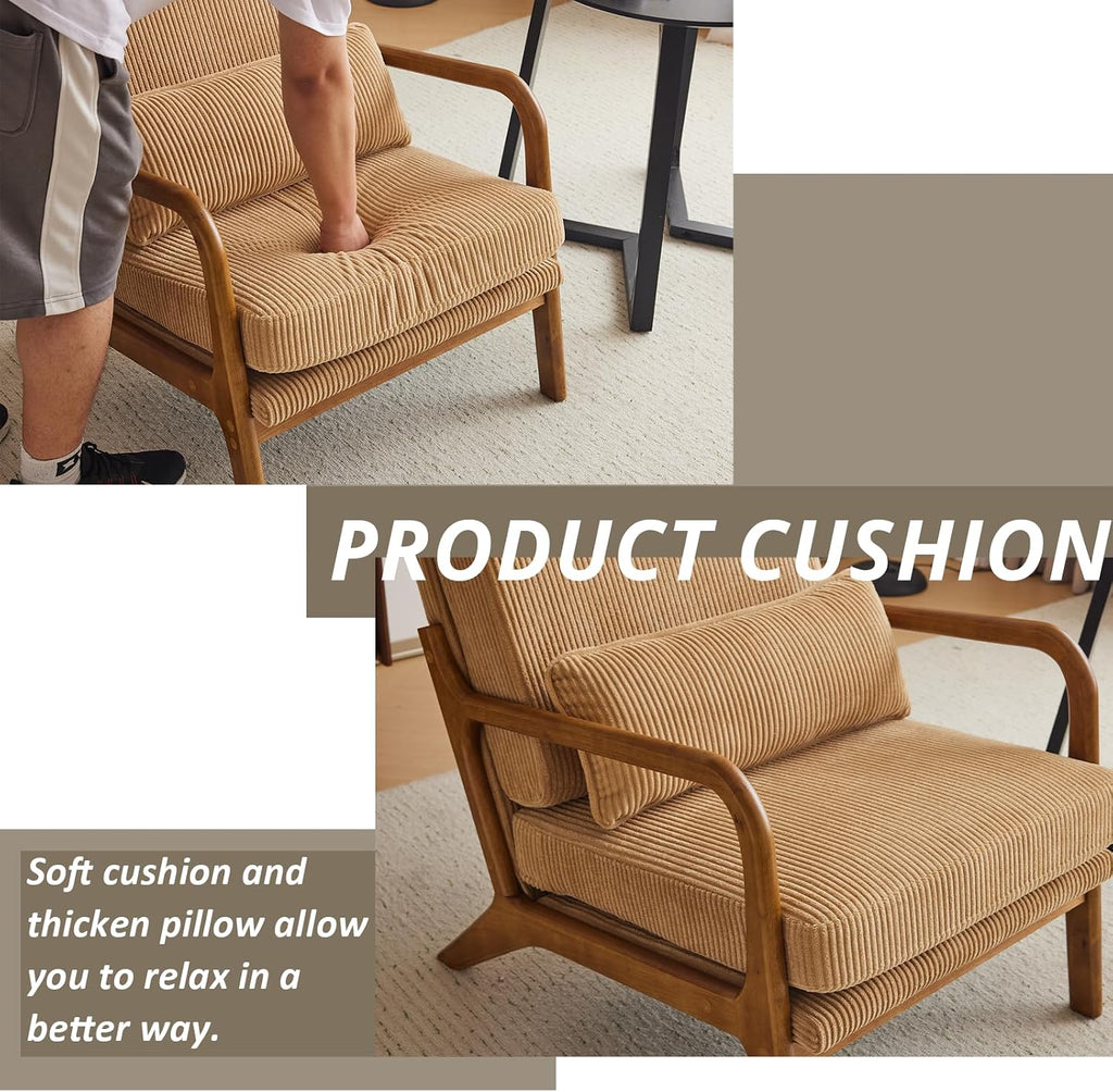 Karl home Mid-Century Modern Accent Chair, Living Room Chairs with Pillow High Back Corduroy Upholstered Lounge Armchair with Solid Wood Frame & Soft Cushion for Bedroom, Reading Room, Khaki