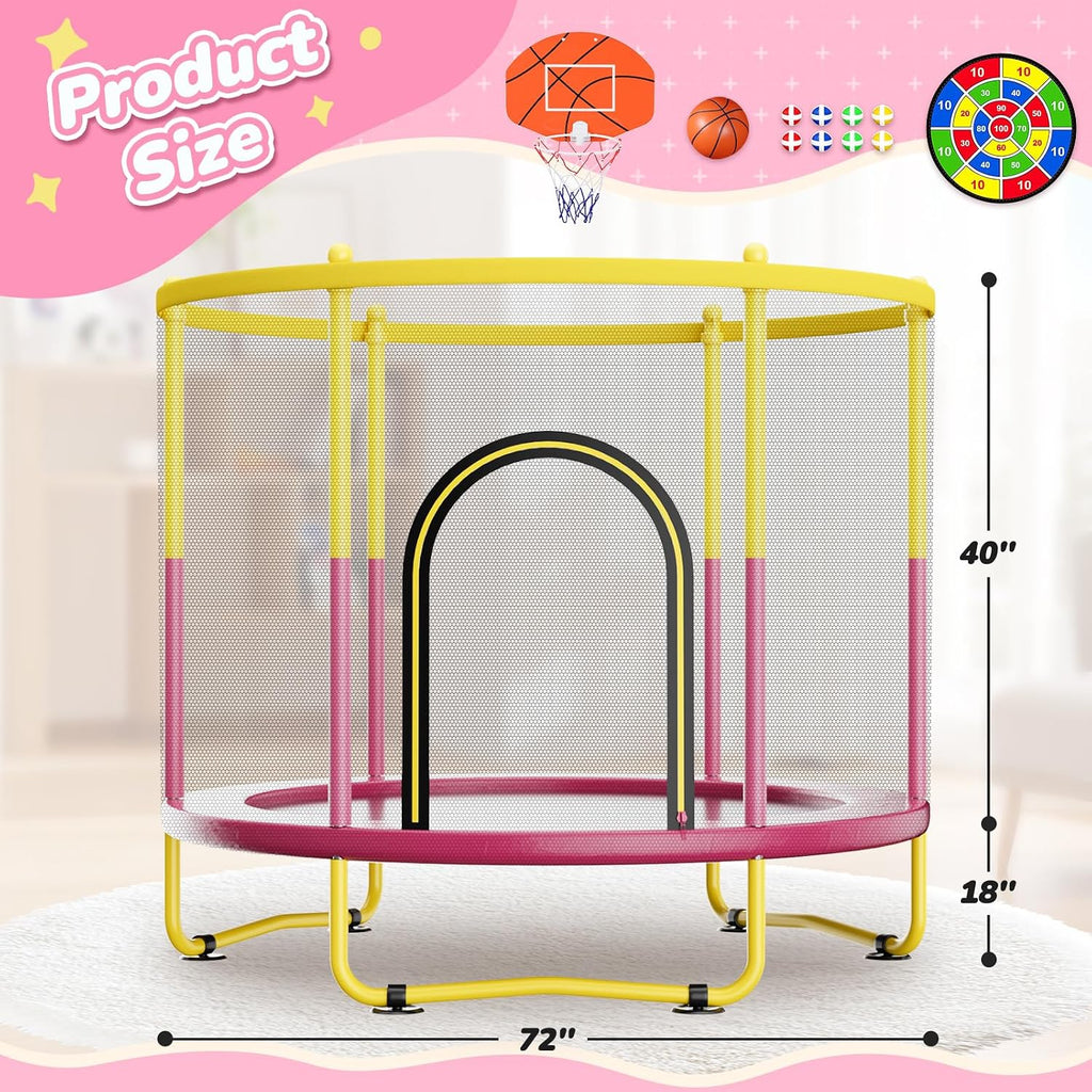6FT Indoor Trampoline for Kids Ages 1-8, 72' Mini Toddler Indoor & Outdoor Trampoline with Safety Enclosure Net, Basketball Hoop & Dart Board, Birthday Gifts for Boys & Girls, Baby Toddler