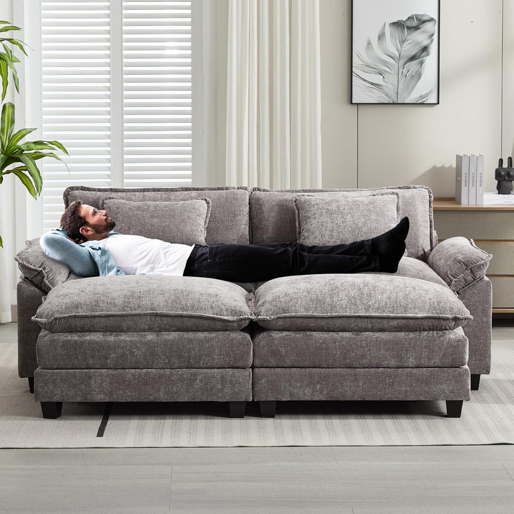 Oprisen 86' Modular Sectional Sofa, Comfy Cloud Couch Sectional Sofa with Ottomans, Chenille Sofa Sleeper Deep Seat Sofa with Throw Pillows for Living Room (Lgiht Grey)