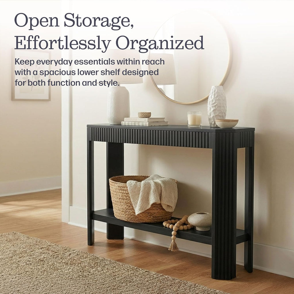 Alaterre Furniture Fluted Solid Wood Console Table - 36 Inch Modern Entryway Table with Storage Shelf - Easy Assembly Living Room Furniture for Behind the Couch, Entryway, or Hallway (Black)